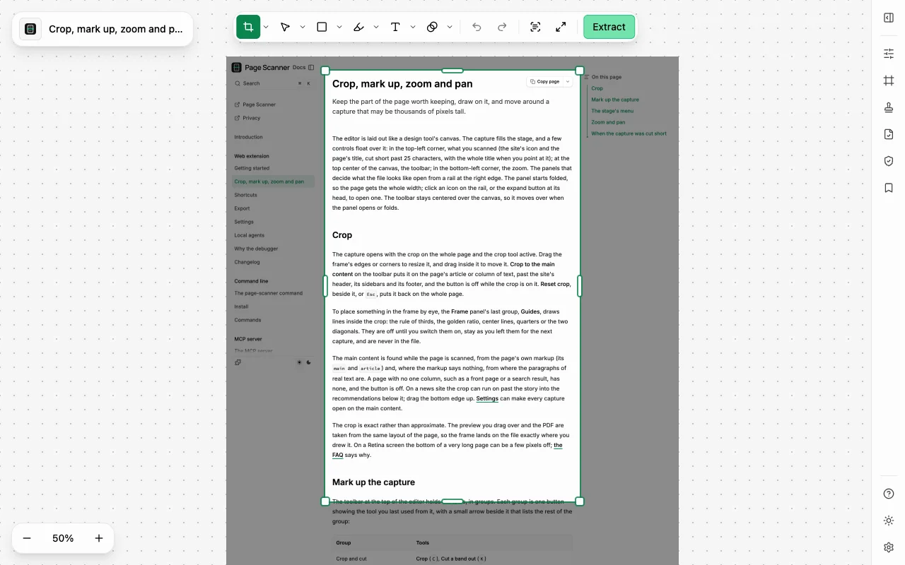 The Page Scanner editor with a whole documentation page captured and the crop frame drawn around its article column
