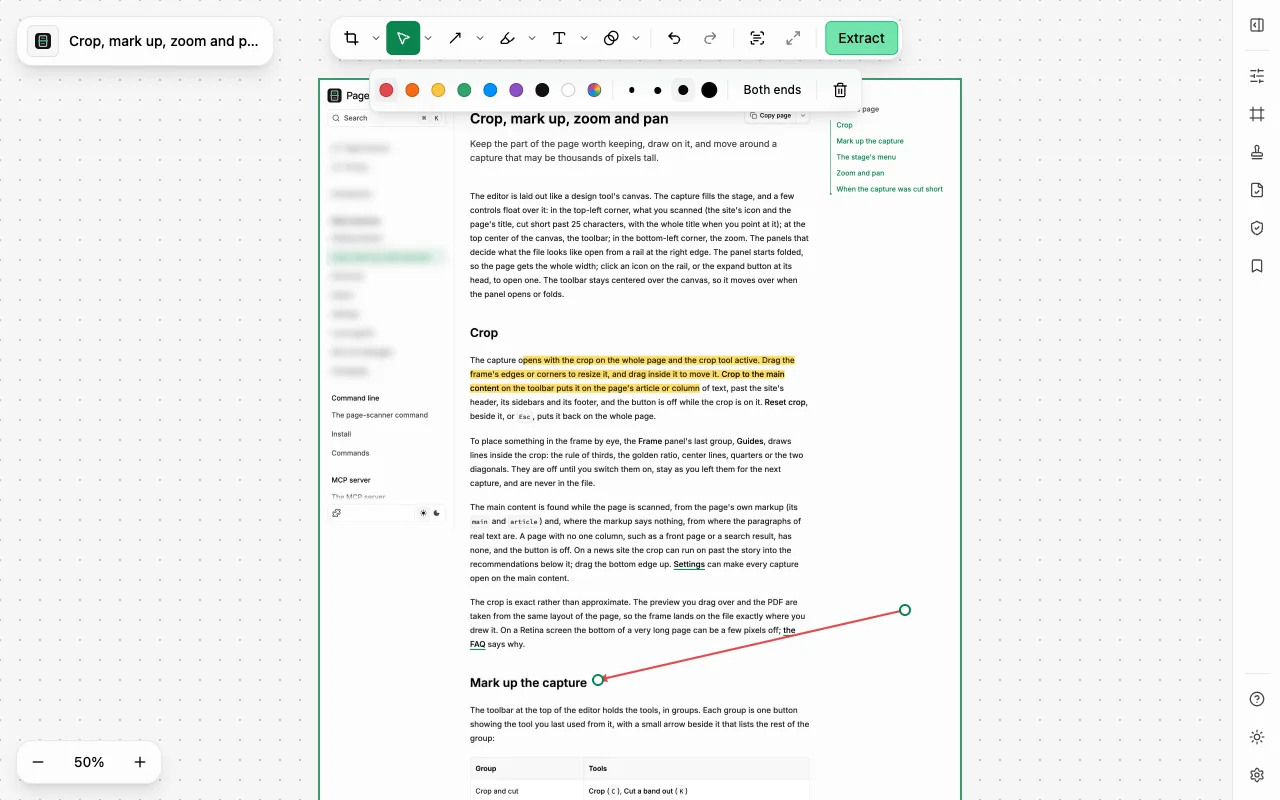 A capture in the Page Scanner editor with a highlighted passage, the navigation blurred, and a red arrow selected under its style bar