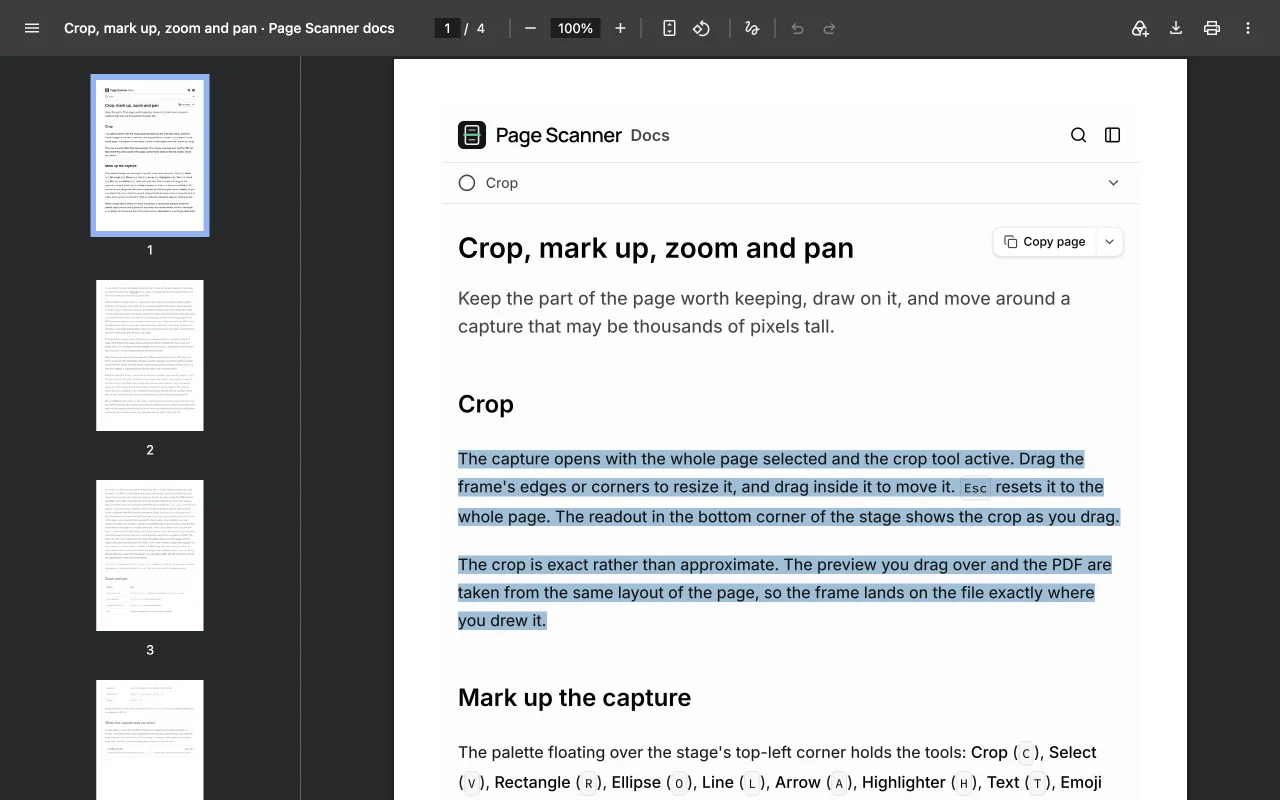 A PDF made by Page Scanner open in Chrome's PDF viewer, with two paragraphs of the page's text selected